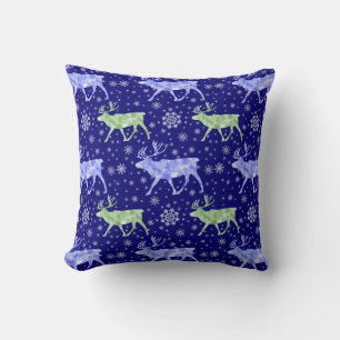 Cojín Decorativo Patrón de renos y copos de nieve azul y verde
