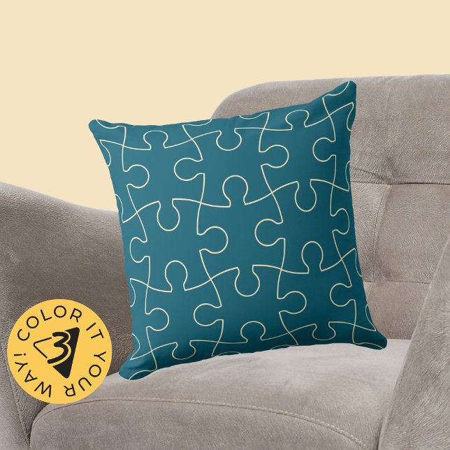 Cojín Decorativo Patrón de rompecabezas de sierra de vaivén azul y  (Minimalist Blue & Yellow Jig Saw Puzzle Pattern Throw Pillow)
