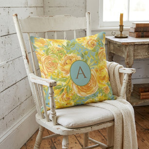 Cojín Decorativo Patrón de Rosa con Monograma Amarillo en Acuarela