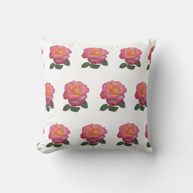 Cojín Decorativo Patrón de rosa rosa sobre blanco (Anverso)