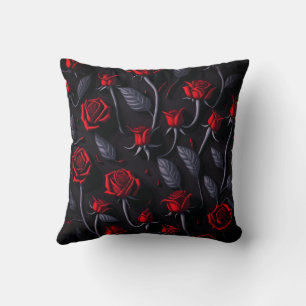 Cojín Decorativo Patrón de rosas rojas 0n Fondo negro