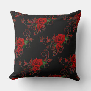 Cojín Decorativo Patrón de rosas rojas decorativas Pillow rojo y ne