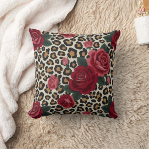 Cojín Decorativo Patrón de Rosas Rojas Leopardo