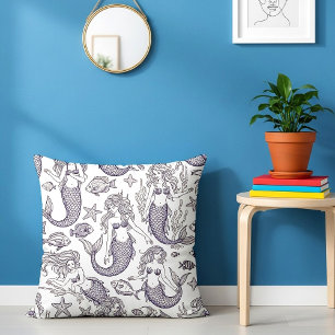 Cojín Decorativo Patrón de Sirena Azul Vintage y Vida Marina