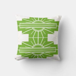 Cojín Decorativo Patrón de Sunburst Art Deco en Blanco y Lime