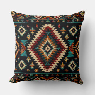 Cojín Decorativo Patrón de Textil Geométrico Boho – Verde Teal y Óx