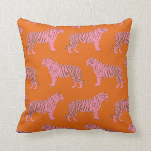 Cojín Decorativo Patrón de Tigre Adorable en Rosa y Naranja Vibrant