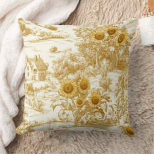 Cojín Decorativo Patrón de Toile de Girasol de Granja en Dorado Cál