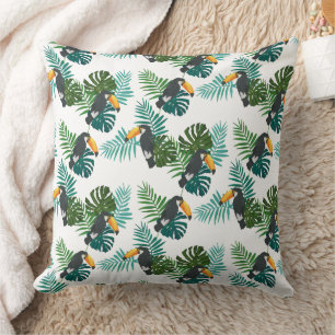 Cojín Decorativo Patrón de Tucán Tropical y Hojas de Palma