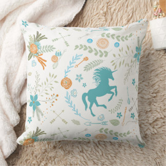 Cojín Decorativo Patrón de unicornio y floral de color azul de fábr