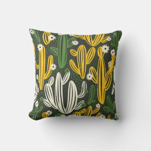 Cojín Decorativo Patrón de vintage de fondo negro de cactus