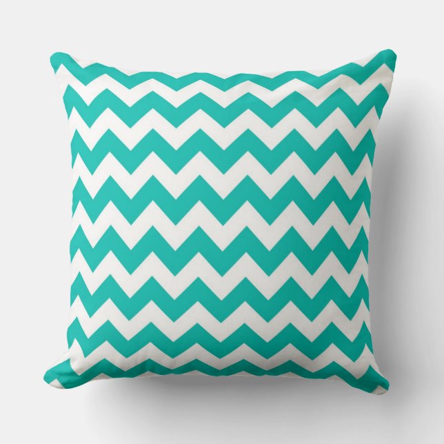 Cojín Decorativo Patrón de zig-zag de Chevron blanco teal (Anverso)