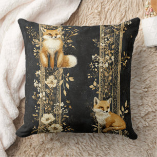 Cojín Decorativo Patrón de zorro botánico de lujo negro y dorado (2