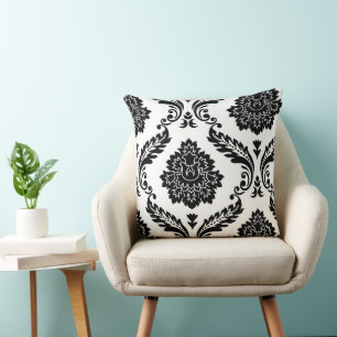 Cojín Decorativo Patrón Desplazado Rococó Damask Negro sobre Blanco