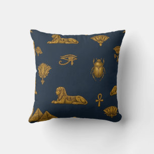Cojín Decorativo Patrón Egipcio Minimalista de Oro Antiguo y Azul M