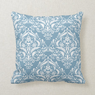 Cojín Decorativo Patrón elegante francés de damasco blanco y azul