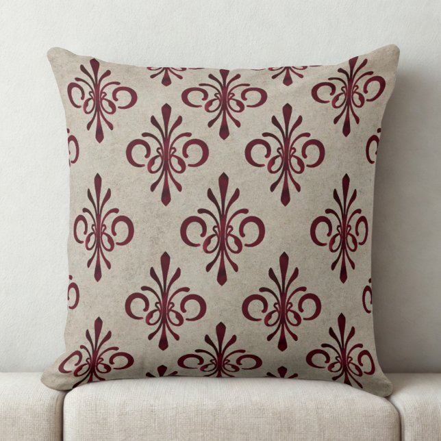 Cojín Decorativo Patrón elegante ornamental de damasco de marrón (maroon damask pattern throw pillow)