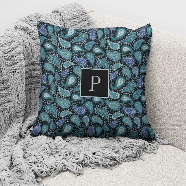 Cojín Decorativo Patrón elegante retro azul paisley monogramado (Subido por el creador)