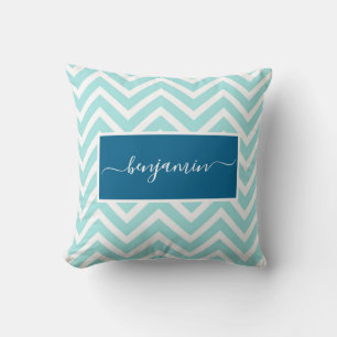 Cojín Decorativo Patrón en Zig Zag de Chevron Azul Adorable Nombre