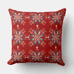 Cojín Decorativo Patrón Escandinavo Folk Snowflake Fondo Rojo