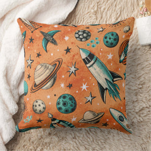 Cojín Decorativo Patrón espacial de cohete retro terracota teal