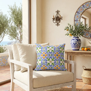 Cojín Decorativo Patrón Español Verde Naranja Azul Mediterráneo