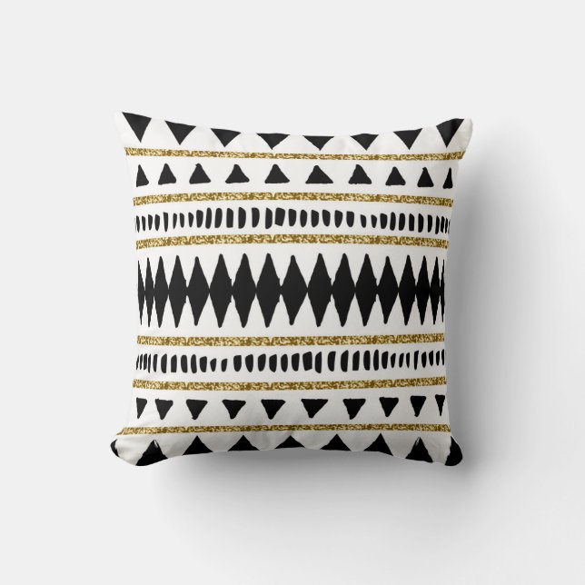 Cojín Decorativo Patrón étnico Purpurina de oro negro (Anverso)