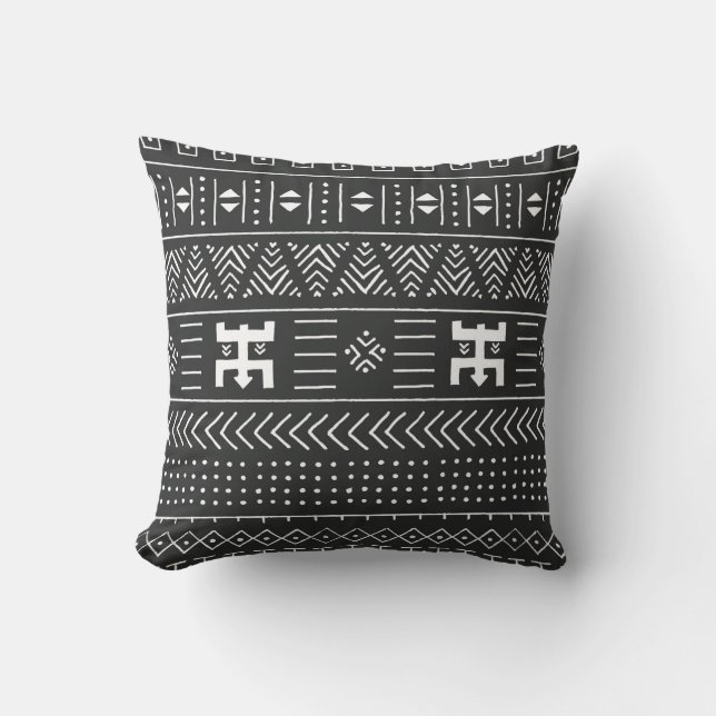 Cojín Decorativo Patrón étnico tribal blanco y negro con geométrica (Anverso)