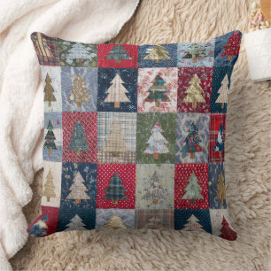 Cojín Decorativo Patrón festivo de árbol de Navidad en patchwork (4
