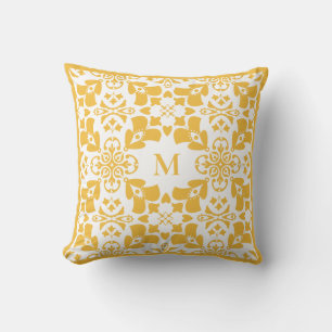 Cojín Decorativo Patrón floral abstracto amarillo con monograma mod
