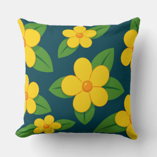 Cojín Decorativo Patrón floral amarillo brillante con hojas verdes
