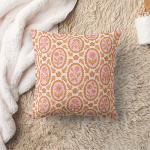 Cojín Decorativo Patrón Floral Antiguo de Camafeo en Rosa y Naranja