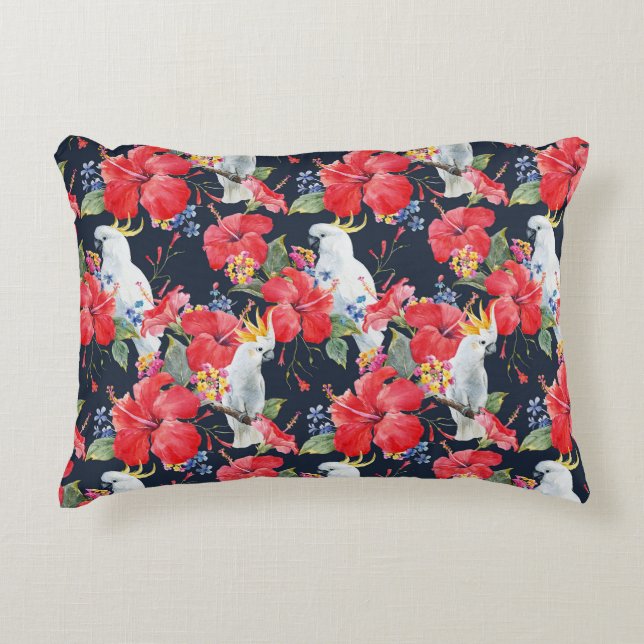 Cojín Decorativo Patrón floral Aves Flores Foliage Red Hibiscus (Anverso)