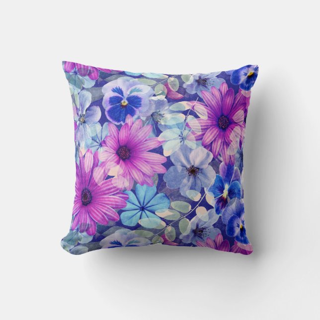 Cojín Decorativo Patrón floral azul magenta rosa (Anverso)