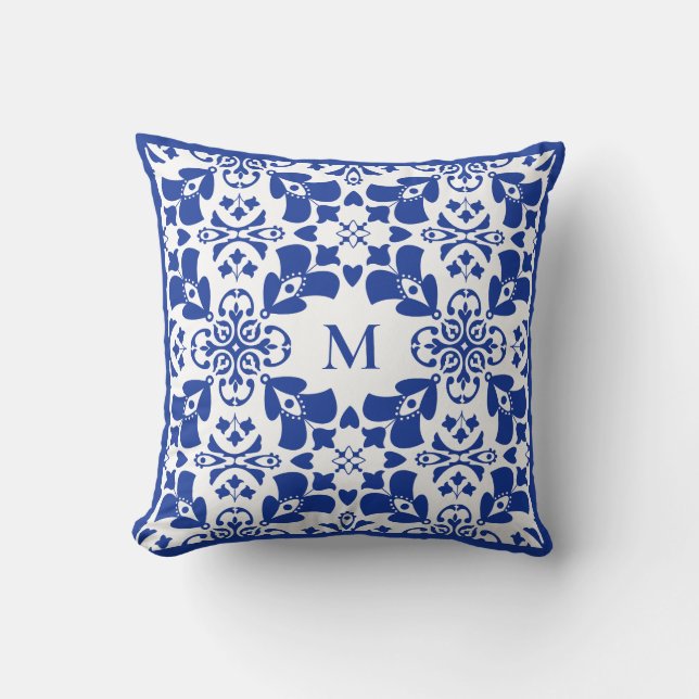 Cojín Decorativo Patrón floral azul moderno elegante Monograma simp (Anverso)
