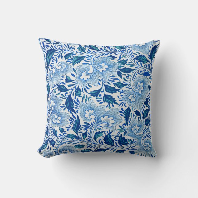 Cojín Decorativo Patrón floral azul y blanco (Anverso)