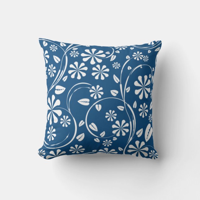 Cojín Decorativo Patrón floral azul y blanco clásico (Anverso)