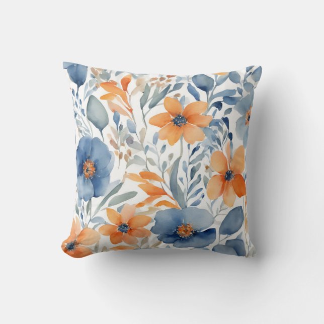 Cojín Decorativo Patrón Floral Azul Y Naranja (Anverso)