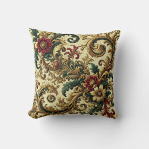 Cojín Decorativo Patrón floral barroco con oro, rojo, verde A