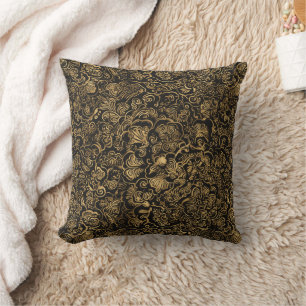 Cojín Decorativo Patrón Floral Barroco Dorado sobre Negro