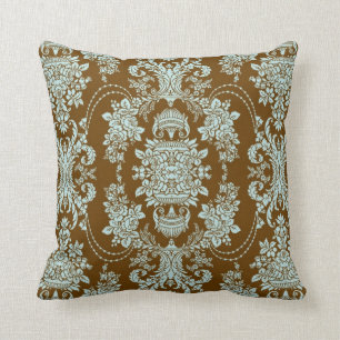 Cojín Decorativo Patrón floral barroco marrón y azul 2