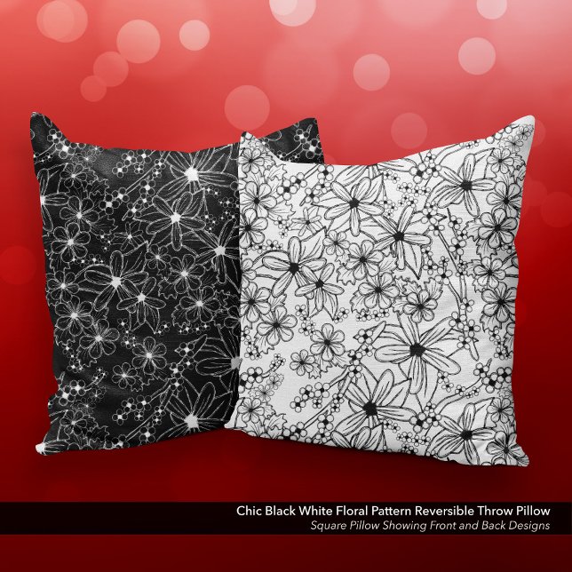 Cojín Decorativo Patrón floral blanco negro chic reversible (Chic Black and White Floral Pattern Reversible Throw Pillow)