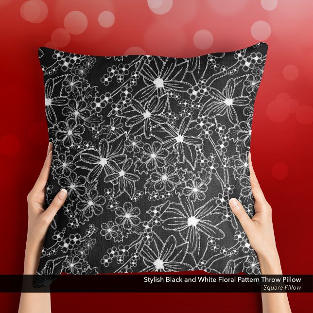 Cojín Decorativo Patrón floral blanco y negro elegante (Stylish Black and White Floral Pattern Throw Pillow with a Sketch-Like Hand-Drawn Feel.)