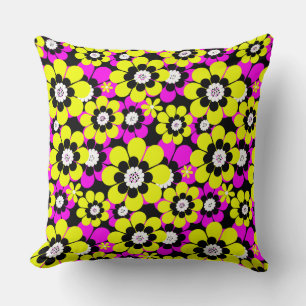 Cojín Decorativo Patrón floral brillante neón rojo y amarillo fluye