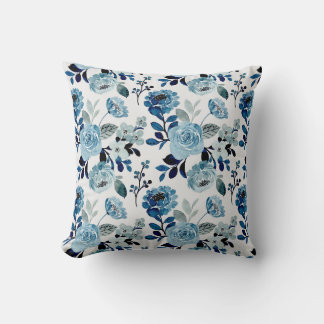 Cojín Decorativo Patrón floral de acuarela azul