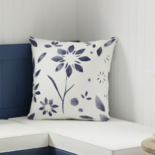 Cojín Decorativo Patrón floral de acuarela azul, flor grande