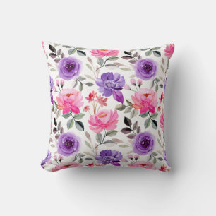 Cojín Decorativo Patrón floral de acuarela vibrante en rosa y púrpu