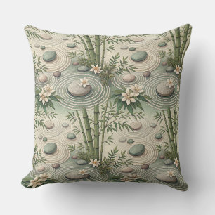 Cojín Decorativo Patrón floral de bambú japonés verde y piedra Zen