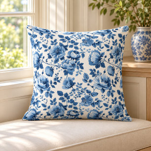 Cojín Decorativo Patrón Floral de Casa de Campo Azul Marino y Blanc