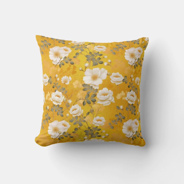 Cojín Decorativo Patrón floral de Chiyogami en amarillo (Anverso)